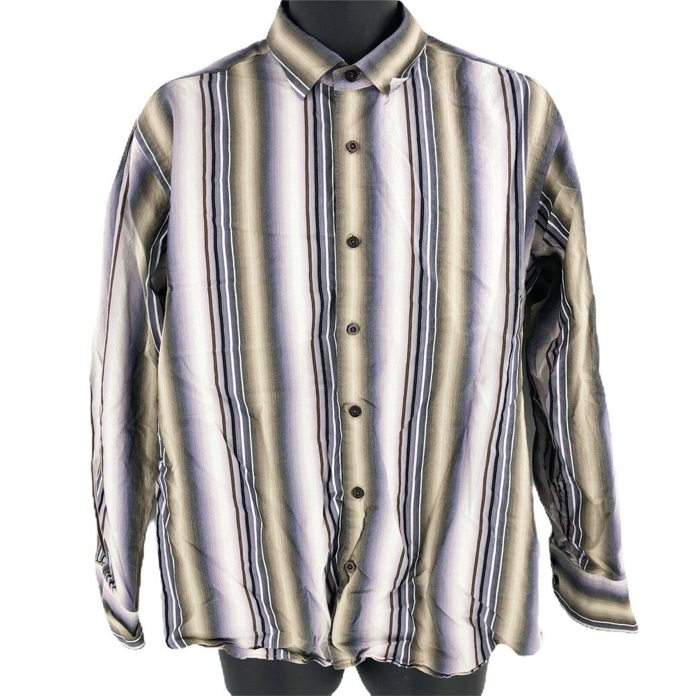 Tommy Bahama Button Up Shirt Silk Cotton L Long Sleeve Purple Vertical Striped